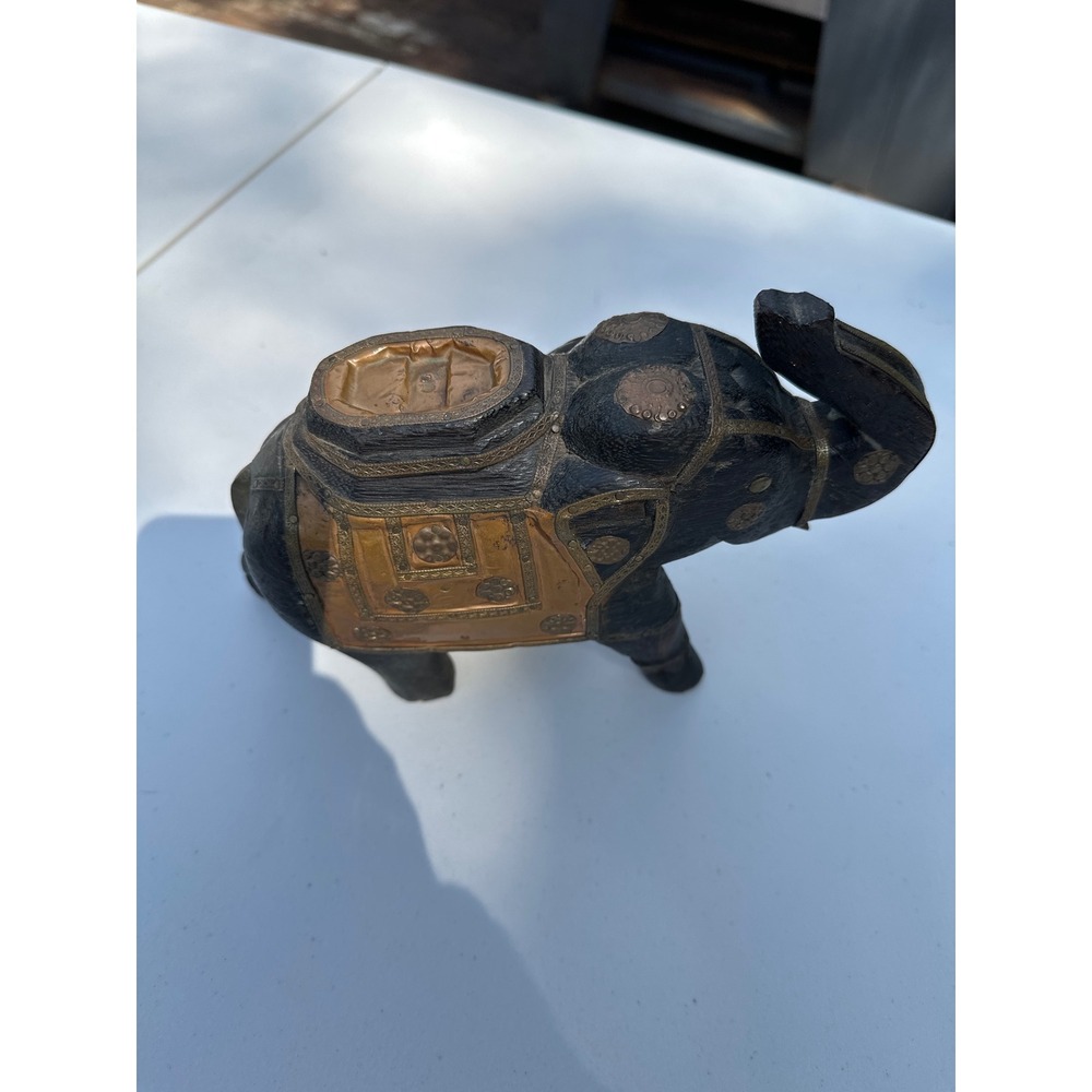 Vintage Hand Carved‎ Wood Elephant Figurine Brass Copper Metal Inlay Made India
